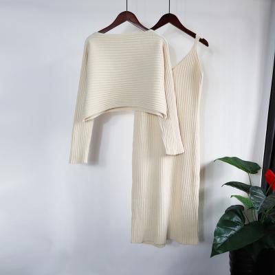 China Anti-Wrinkle Fashion Lady Spring New Arrival Boat Collar Long Sleeve Short Top And Sleeveless Dress Sweater Set for sale