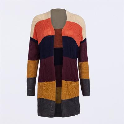 China Anti-Shrink 2023 New Spring Autumn Loose Apricot Plaid Knitted Long Open Front Cardigan Women Sweater for sale