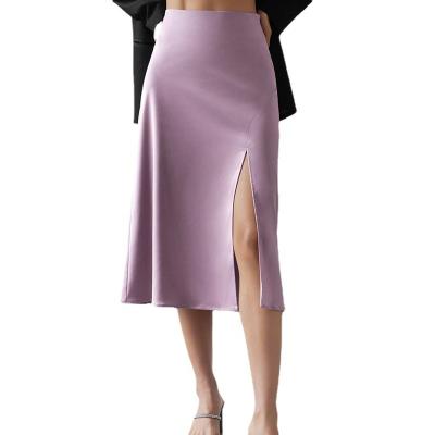 China Anti-static French Style Women's Elegant Satin Skirt Split Side Fashion Midi Ladies One-Line Skirts for sale