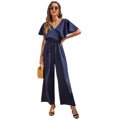 China QUICK DRY warm design short sleeve loose fit wrap design chiffon crepe high waist elastic wide leg playsuit jumpsui for sale