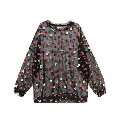 China Fat Women Long Sleeve Mesh Embroidery Floral Plus Size Blouse Tops for sale