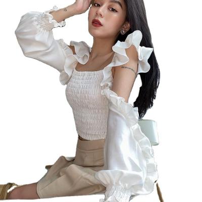 China Wholesale fashion anti-pilling white ladies crop tops flare long sleeve elegant women pleated blouses by hollow square collar for sale