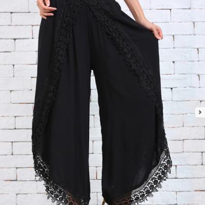 China Workable Spring Autumn Wide Leg Loose Laced Chiffon Pants For Women Plus Size Khaki Womens Pants And Trousers Crochet Casual Clothes for sale