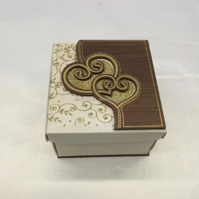 China Handmade double heart shape laser cut wooden favor box with gold samtping/OEM factory price wedding wooden candy box for sale