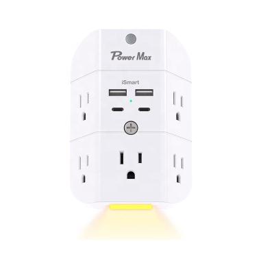 China Outlet 5 Wall Outlet Wide Spaced Supplement With USBC 3A Surge Protection 3 Pin USB Wall Outlet With Night Light for sale