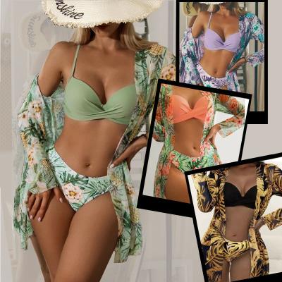 China Sweat-Wicking JSN75018 2022 New Designer Long Sleeve Swimwear Leaf Print Green Bikini Swimwear Cover Up 3 Piece Swimwear for sale