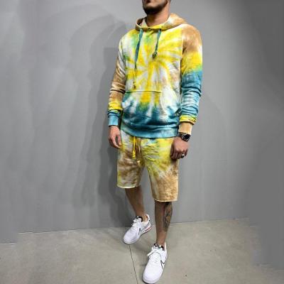 China 2021 Breathable Unique Design Causal Loungewear Tie Dye Crewneck Hoodies Running Men's Short Sportswear Two Piece Sets for sale