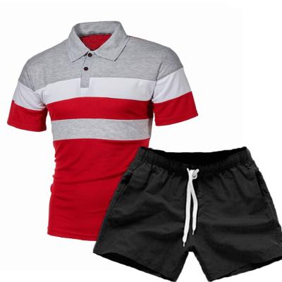 China Summer Breathable Fitness Lapel Striped T-shirt And Short Pants 2pc Set Sweatsuit Shorts Set Men for sale