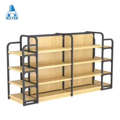 China Hot Single and Double Side and Double Top Rack Metal Wood Supermarket Single Display Stand for sale