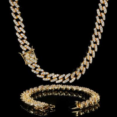 China Luxury Hiphop Hip Hop Jewelry Iced Out A Row Diamond 9MM Miami Cuban Link Necklace And Bracelet Jewelry Set for sale