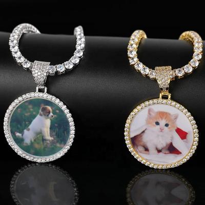 China Hiphop Hip Hop Personalized Iced Out Custom Photo Memory Round Photo Frame Diamond Pendant Tennis Necklace for sale