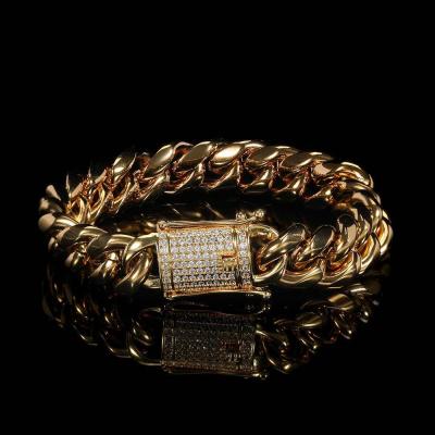 China Wholesale 12MM Hip Hop Stainless Steel Bracelet Men Pulseras Cubanas Cuban Bracelet Gold Plated for sale