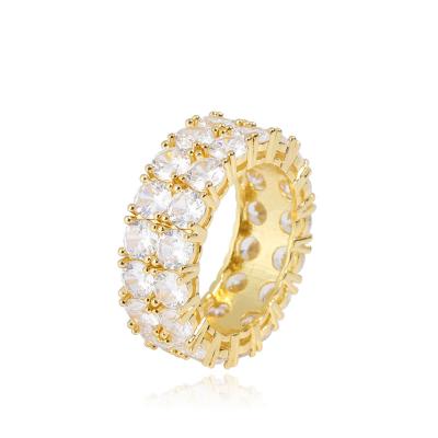 China Hiphop 18K Hot Selling Hip Hop Brass Material Gold Plated Iced Out Round Two Rows Diamond Ring For Unisex for sale