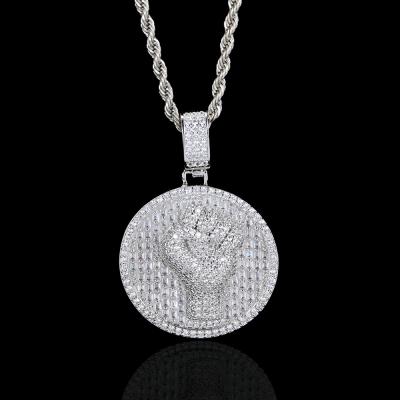 China Hiphop Dropshipping Hip Hop Jewelry Diamond Iced Out Zircon Silver Round Fist Pendant Necklace for sale