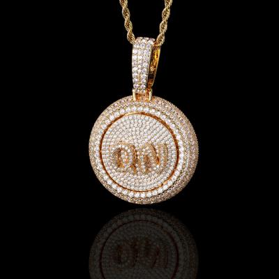 China Hiphop Hip Hop Jewelry Custom Letter And Number Personalized Spin Round Gold Plated Necklace Pendant for sale