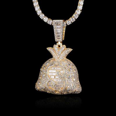 China Hiphop Hip Hop Iced Out Silver Brass Bag Shape Dollar Purse Jewelry Tennis Pendant Necklace For Men And Women for sale
