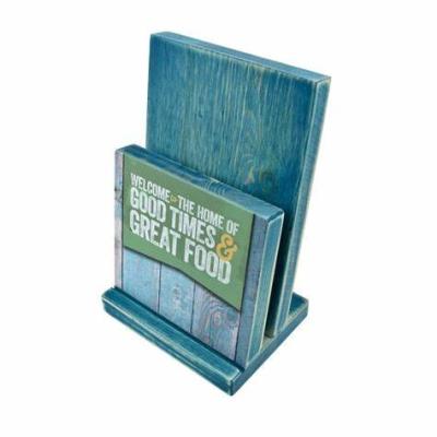 China Disposable Custom Logo Blue Two-Tier Angled Wooden a5 Table Menu Holder for Restaurant Table for sale