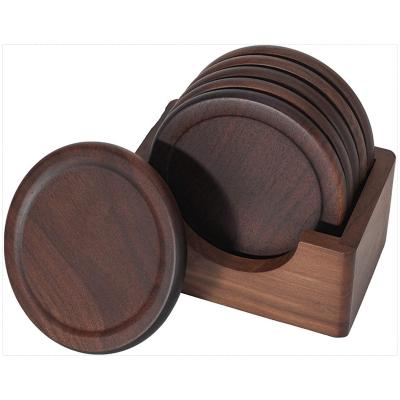 China Sustainable Custom Dark Wood Walnut Coaster Pad Wooden Table Slices Set with Holder for Beer, Coffee, Cold Drinks and Hot Beverage for sale