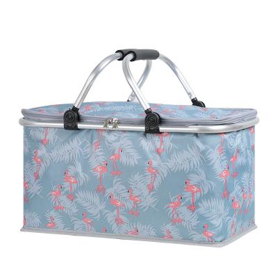 China Durable Outdoor Large Capacity Multifunctional Folding Picnic Basket Oxford Cloth Insulation Basket Picnic Bag Aluminum Foil Ice Basket for sale