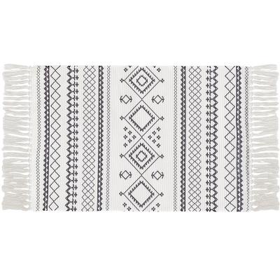 China Home Decor Cotton Printed Boho Kitchen Blankets Decorative Black And White Hand & Woven Accent Floor Rug For Bathroom Bedroom for sale