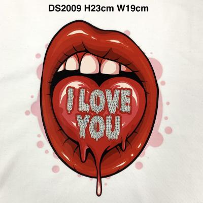 China Garment New Design Washable Hot Fix Lip Design I Love You Iron On Vinyl Heat Transfers For Girls Rhinestone Applique for sale