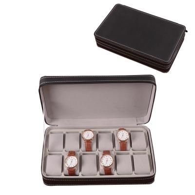 China Waterproof Shockproof Dustproof Leather 12 Slots Cheap PU Zipper Watch Box For Storage for sale