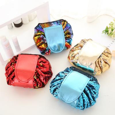 China Fashion Eco-Friendly Outdoor Foldables Shinny The Funky Blue Drawstring Cosmetic Bag With Sequin Decoration for sale