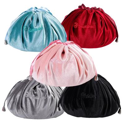 China Lady Lovely Lazy Rabbit Round Drawstring Makeup Bags Velvet Travel Cosmetic Bag for sale