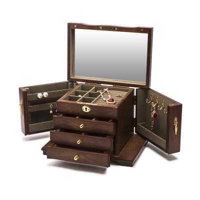 China Multi-layer with drawers and cabinets vintage eco-friendly velvet jewelry packaging box mahogany wood display with 4 layers for sale