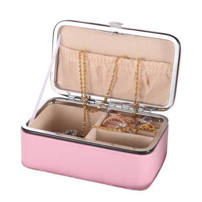 China Rectangle Mirror Beige Fashionable PU Leather Magnetic Flannel Cardboard Jewelry Box With Metal Frame for sale