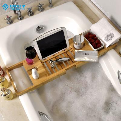 China Newest Sustainable Bathroom Bath Tray With Wine Glass Holder Hotel Tub Caddy Tray Bamboo Towel Rack for sale