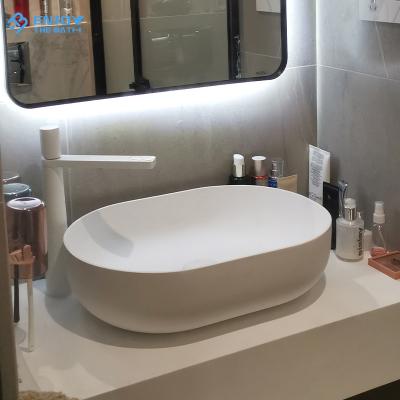 China Modern Oval Shape Acrylic Solid Surface Above Countertop Sink Slim Edge Wash Basin For Bathroom for sale