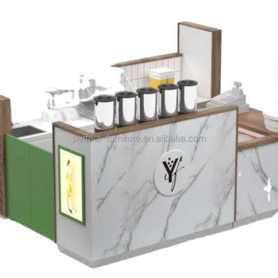 China Bubble Tea Kiosk Juice Bar Counter Design Coffee Kiosk Strong High End Wooden Color Mall Drinks Kiosk for sale