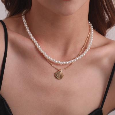 China Europe and America temperament pearl scallop alloy pendant necklace women fashion double layer simple handmade necklace hot jewelry for sale