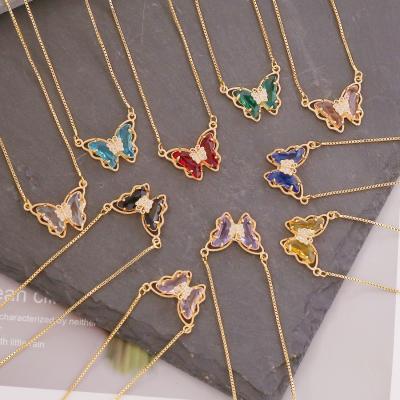 China Crystal Gold Pendant Necklace For 18K Gold Cute Butterfly Multicolor Stereo Necklace Luxury Women Jump Fashion Party Jewelry for sale