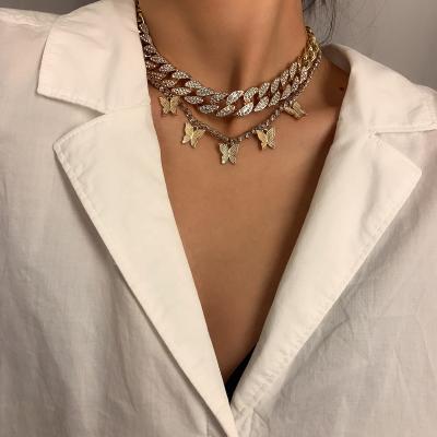 China BOHEMIA Butterfly Necklace Set Cuban Link Rhinestone Choker Chain Necklace For Women Bling Statement Jewelry for sale