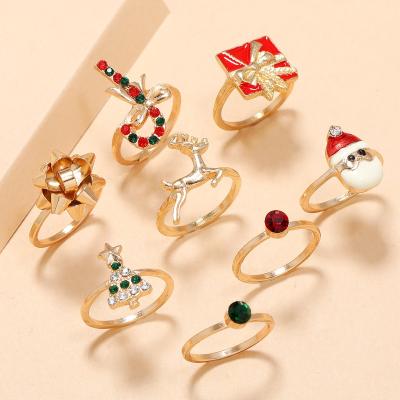 China Diamond Cute Christmas Ring Set Eight Piece Punk Christmas Tree Elks Set Christmas Jewelry Wholesale 2022 for sale