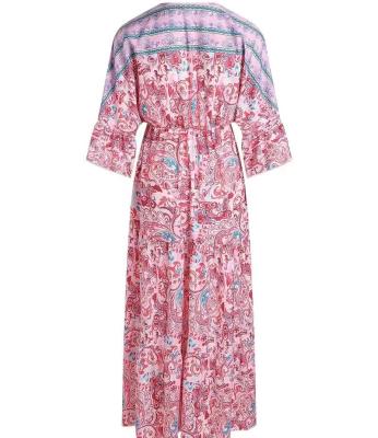 China Resort Anti-Static Wear Cotton Bohemian Hand Block Printed Maxi Dress Full Sleeves With Drawstring Loop Neck Fitted Dresses Latest Arrival for sale