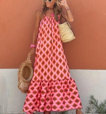 China Boho Print Argyle Dress Holiday Anti-Static Sleeveless Maxi Dress Women Clothing for sale