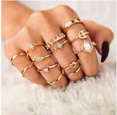 China BOHEMIA 13 Pcs Women Rings Set Gold Bohemian Knuckle Rings Joint Vintage Diamond Star Moon Crown Ring Wholesale for sale