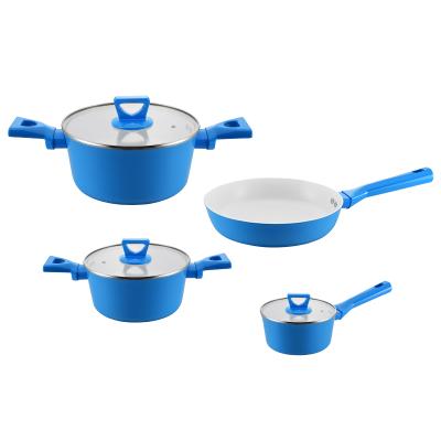 China Sustainable 7 pcs cookware set blue forged die cast aluminum cookware cookware sets nonstick aluminum for sale