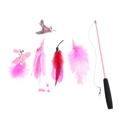 China Viable Custom Made Fluffy Pink Feather Cat Toy Feather Teaser Wand Color Kitten Toys Set 6 PCS Cat Toy Set Interactive for sale