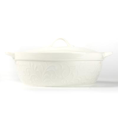 China Sustainable New Design Casserole Kitchen Cookware White Ceramic Dish With Pot Cover Ceramic Casserole for sale