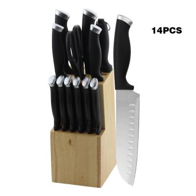 China The viable bargain price 14 piece black knife set with wooden base kitchen knife chef set of knives for sale