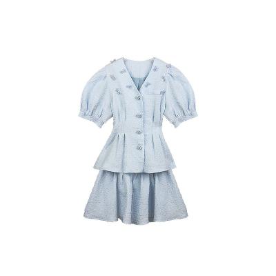 China 2022 Breathable New Summer Little Perfume Costume Chiffon Dress Design Sense Sky Blue Women Bubble Sleeve Skirt for sale