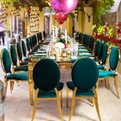 China Contemporary Elegant Stainless Steel Wedding Chairs Events Banquet , Round Back Mounted Gold Event Chairs Stackable Chaise Wedding for sale