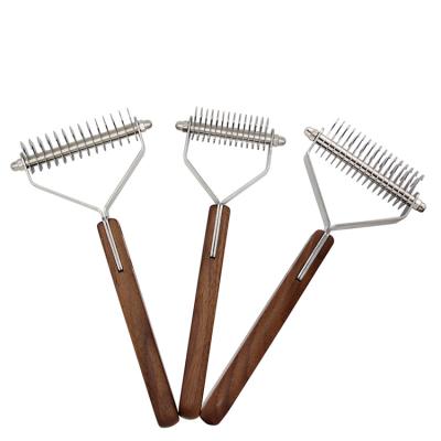 China Pet Dog Cat Dog Self Grooming Double Handle Clean Steel Hair Removal Rake Viable Strong Wooden Side Brush for sale