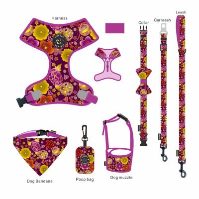 China Nylon OEM/ODM Customized Pet Accessories Print Reflective Quick Release Polyester Pattern Reversible Padded Dog Harness Set for sale