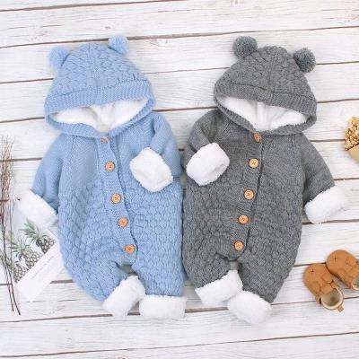 China 2021 Winter Boys Sweater Warm Overalls Newborn Baby Clothes 100% Acrylic Newborn Girls Rompers Custom Logo Design Baby Hooded Knitted for sale