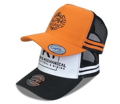 China Waterproof Factory OEM Custom Brands Embroidered Logo Orange Deep Trucker Cap Mesh Stripes Promotional 5 Panels Country Trucker Hats for sale